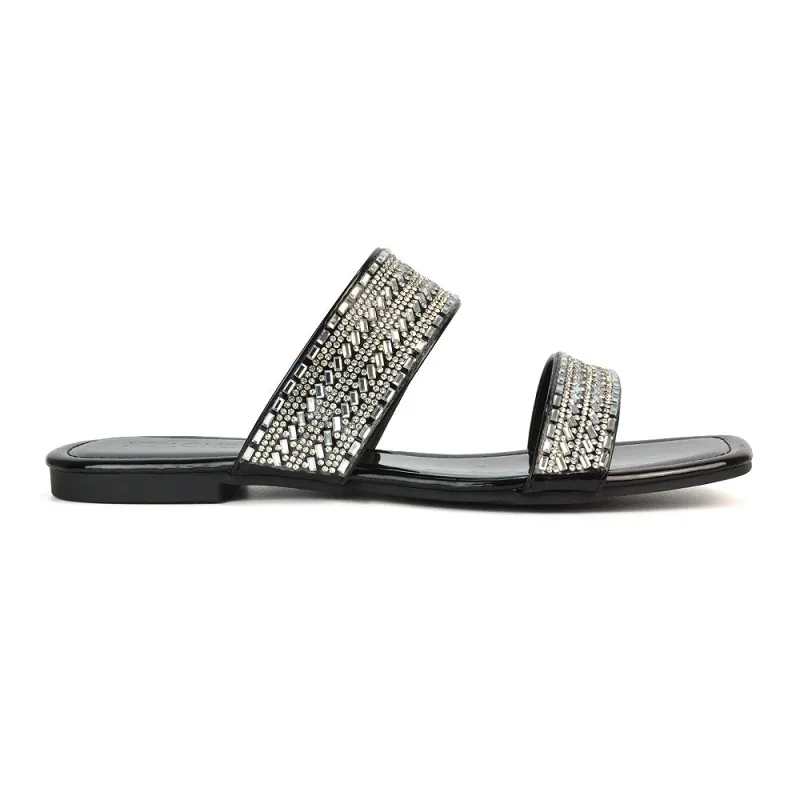 Erica Double Strap Diamante Flat Sandals Rhinestone Sliders in Black Patent sold by XYlondon
