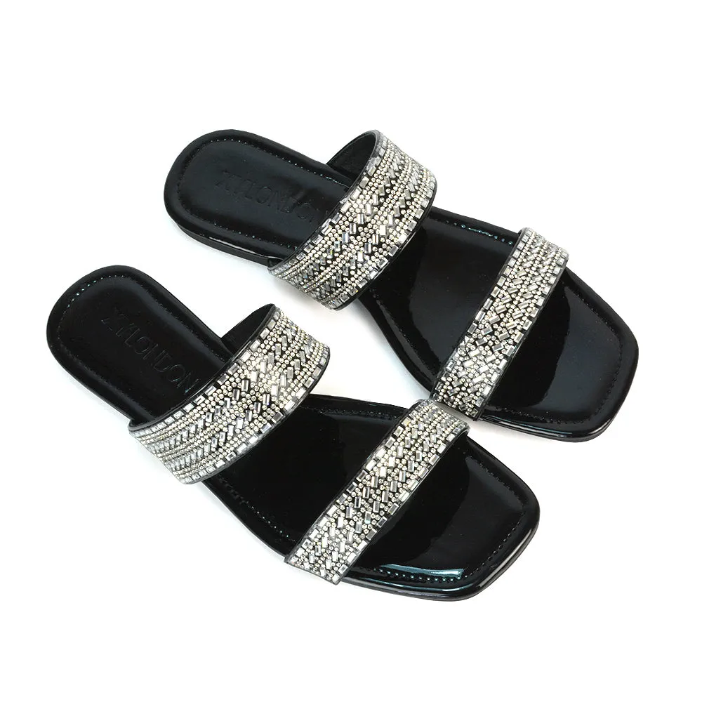 Erica Diamante Double Strap Flat Sandals Rhinestone Slide Shoes in Black Patent sold by XYlondon product image thumbnail 2