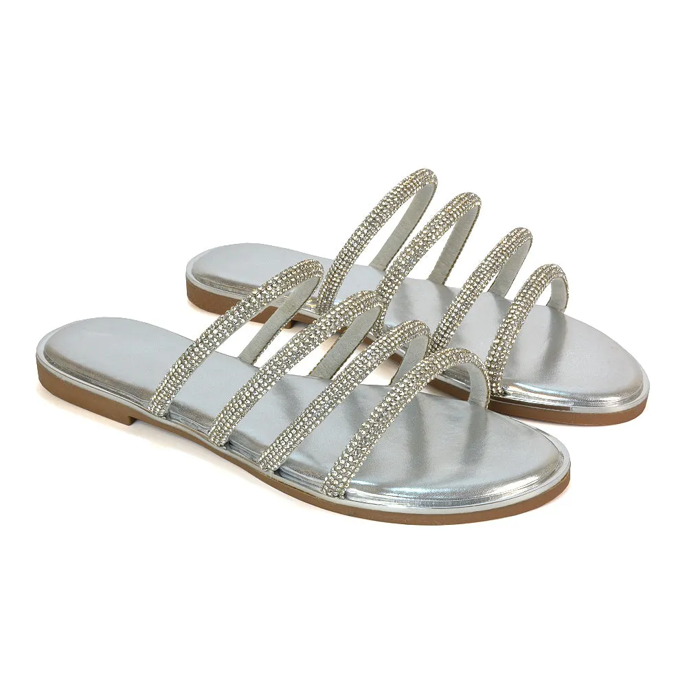 Valentina Slip On Diamante Strappy Rhinestone Flat Sandals in Silver sold by XYlondon product image thumbnail 4