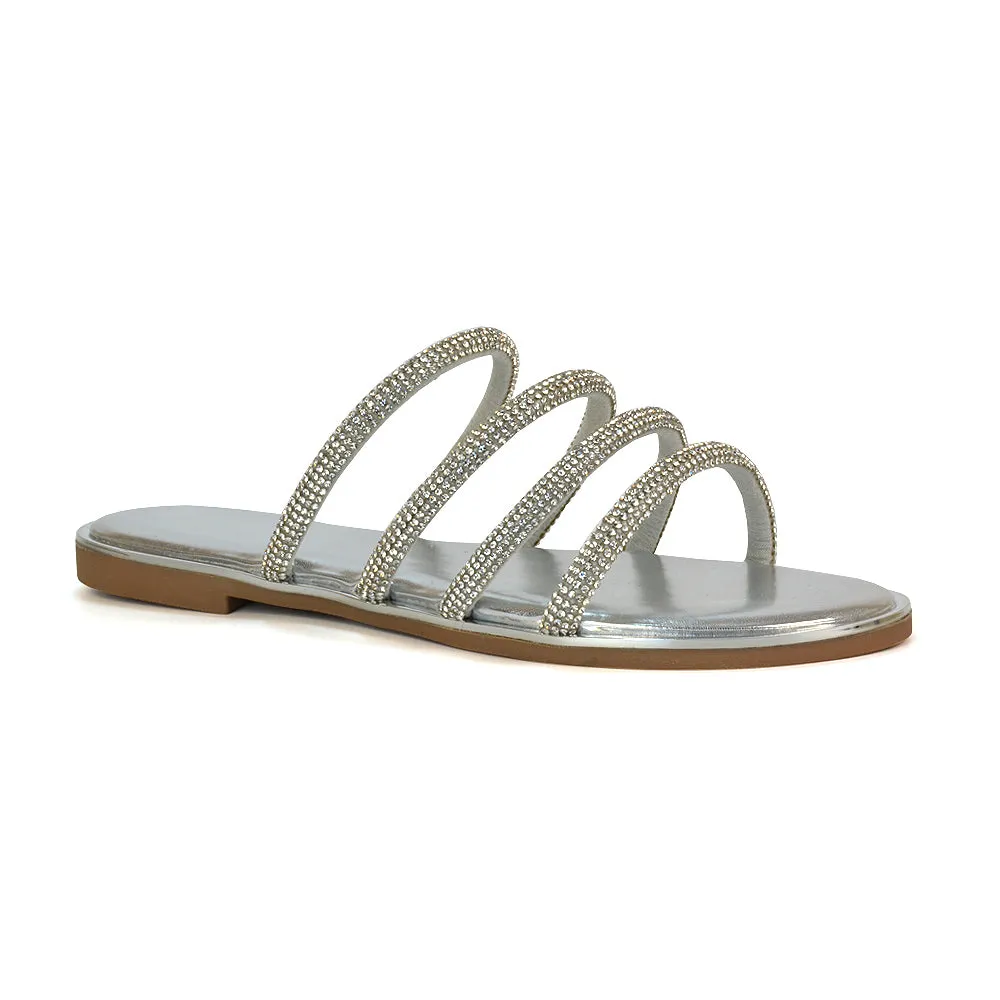 Valentina Slip On Diamante Strappy Rhinestone Flat Sandals in Silver sold by XYlondon product image thumbnail 3