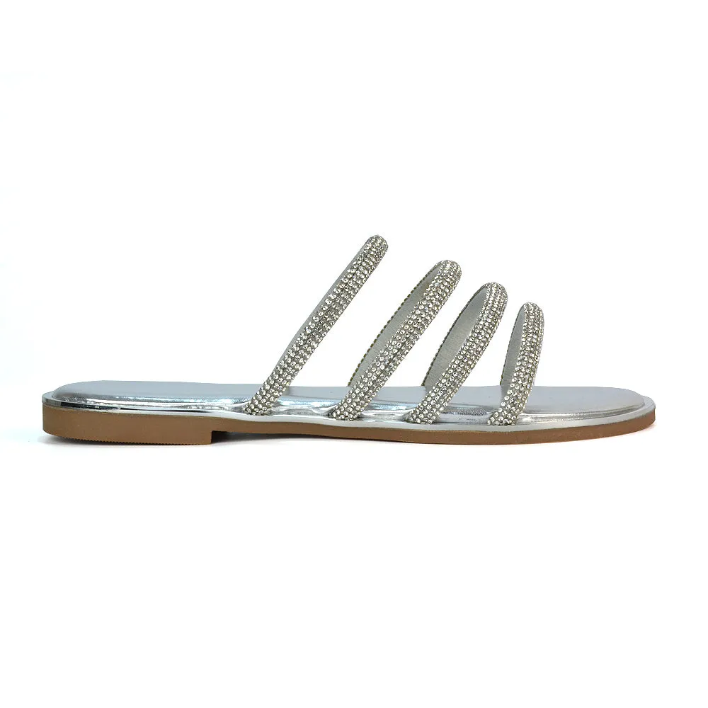 Valentina Slip On Diamante Strappy Rhinestone Flat Sandals in Silver sold by XYlondon