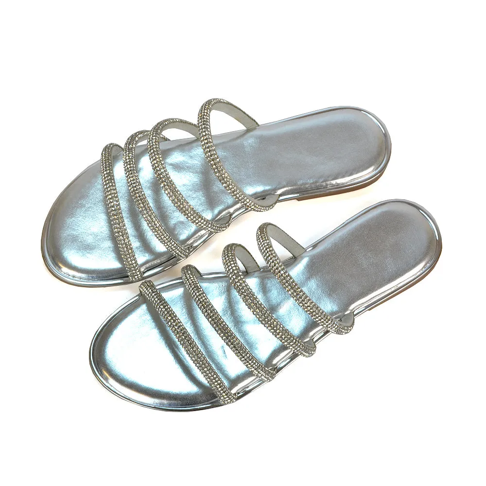 Valentina Slip On Diamante Strappy Rhinestone Flat Sandals in Silver sold by XYlondon product image thumbnail 5