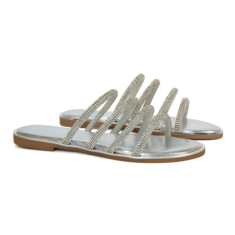 Valentina Slip On Diamante Strappy Rhinestone Flat Sandals in Silver sold by XYlondon product image thumbnail 2