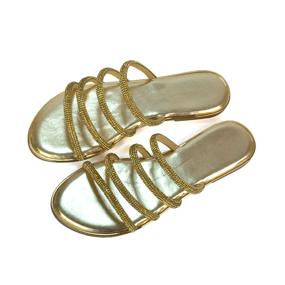 Valentina Slip On Diamante Strappy Rhinestone Flat Sandals in Gold sold by XYlondon product image thumbnail 5