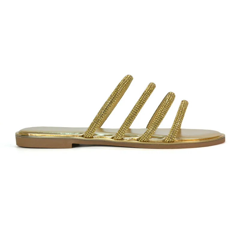 Valentina Slip On Diamante Strappy Rhinestone Flat Sandals in Gold sold by XYlondon