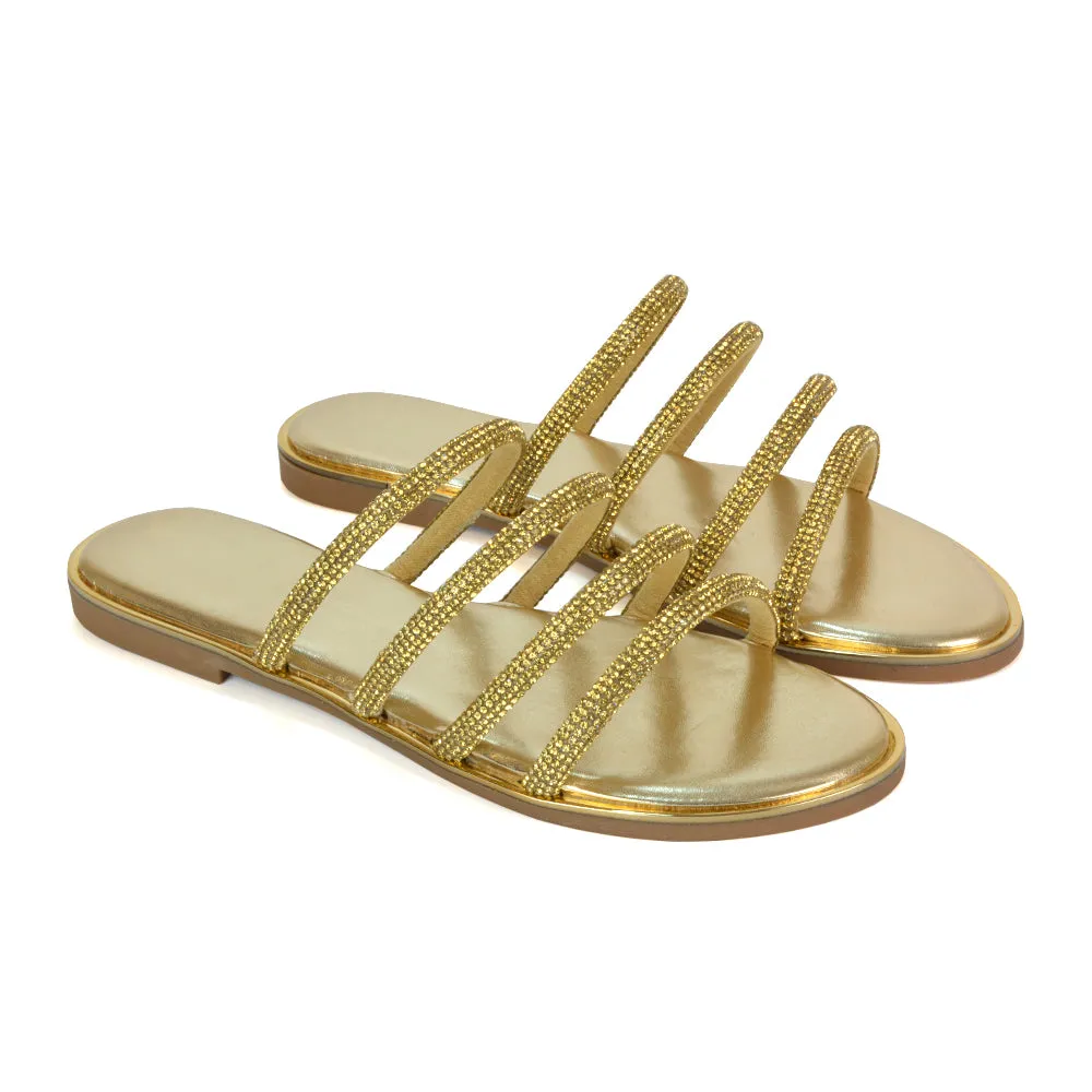 Valentina Slip On Diamante Strappy Rhinestone Flat Sandals in Gold sold by XYlondon product image thumbnail 2