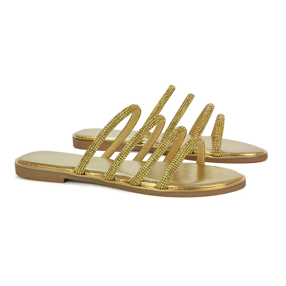 Valentina Slip On Diamante Strappy Rhinestone Flat Sandals in Gold sold by XYlondon product image thumbnail 3