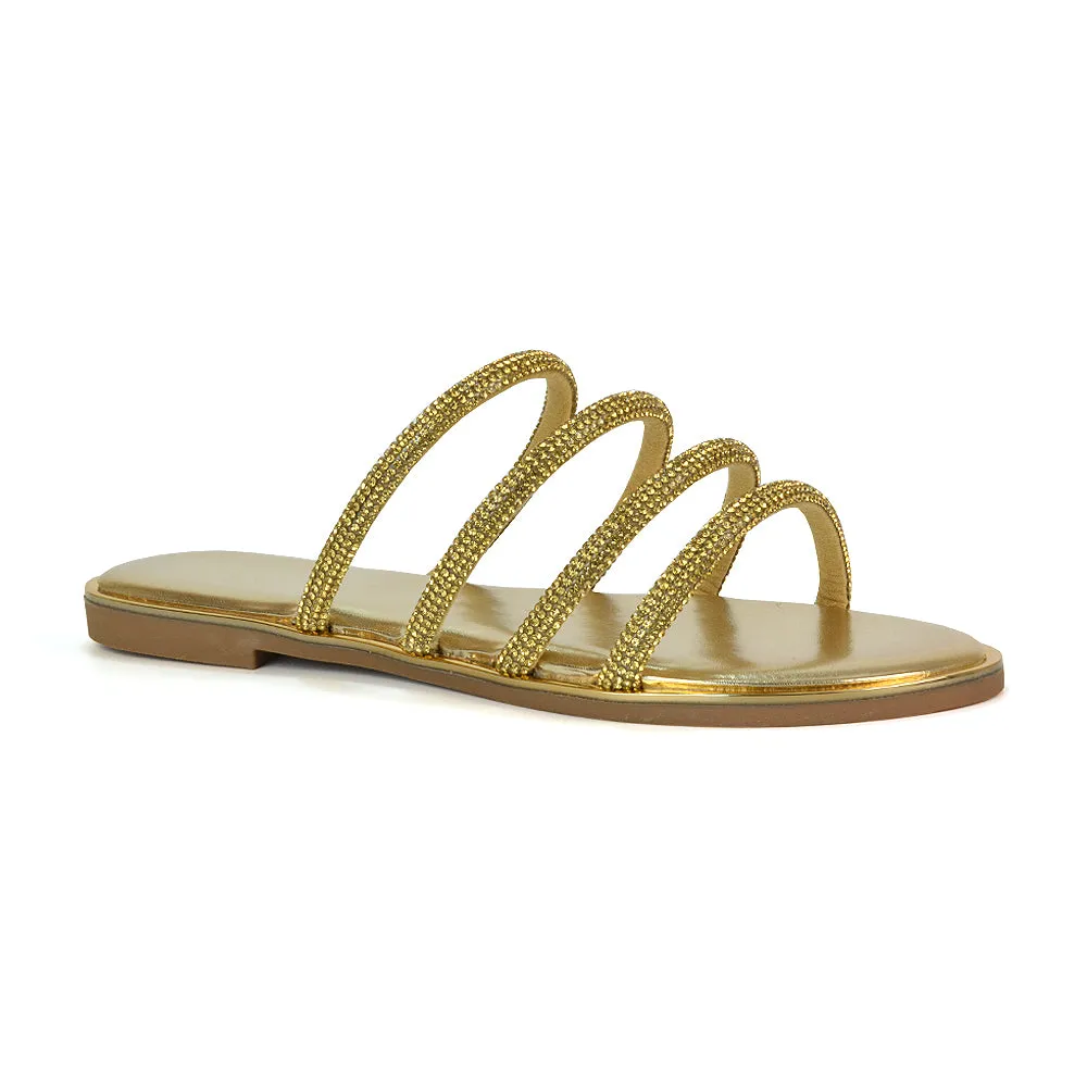 Valentina Slip On Diamante Strappy Rhinestone Flat Sandals in Gold sold by XYlondon product image thumbnail 4