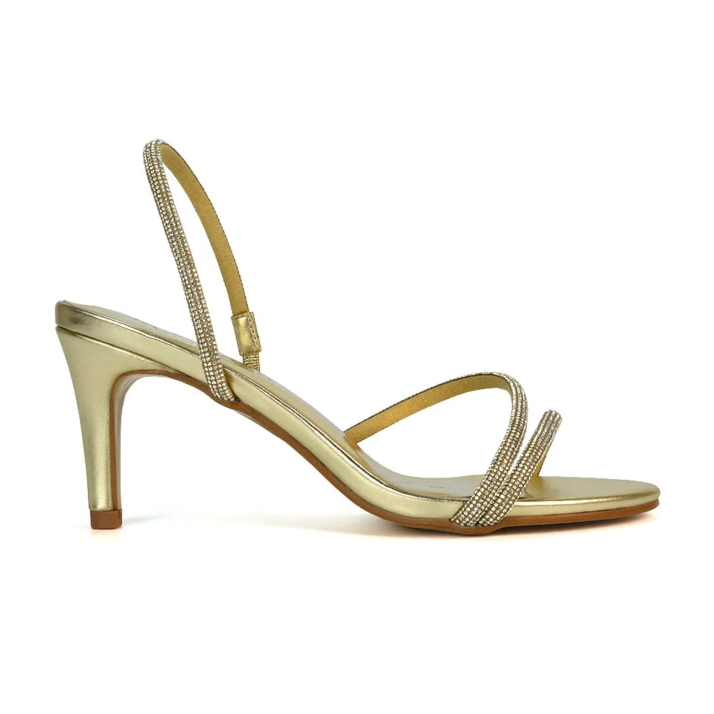 Polly Slingback Strappy Diamante Stiletto High Heel Sandals in Gold Metallic sold by XYlondon