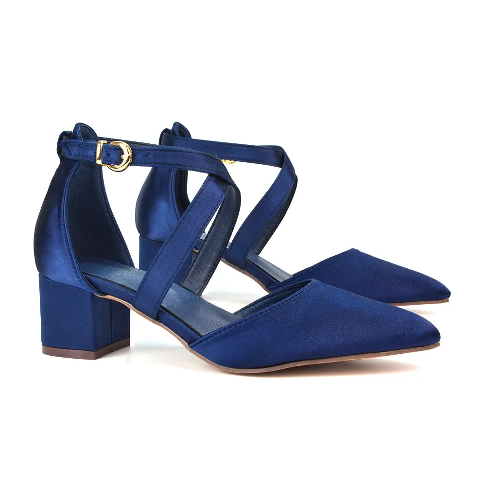 Cynthia Pointed Toe Ankle Strap Mid Block Heels Court Shoes in Navy Satin sold by XYlondon product image thumbnail 4