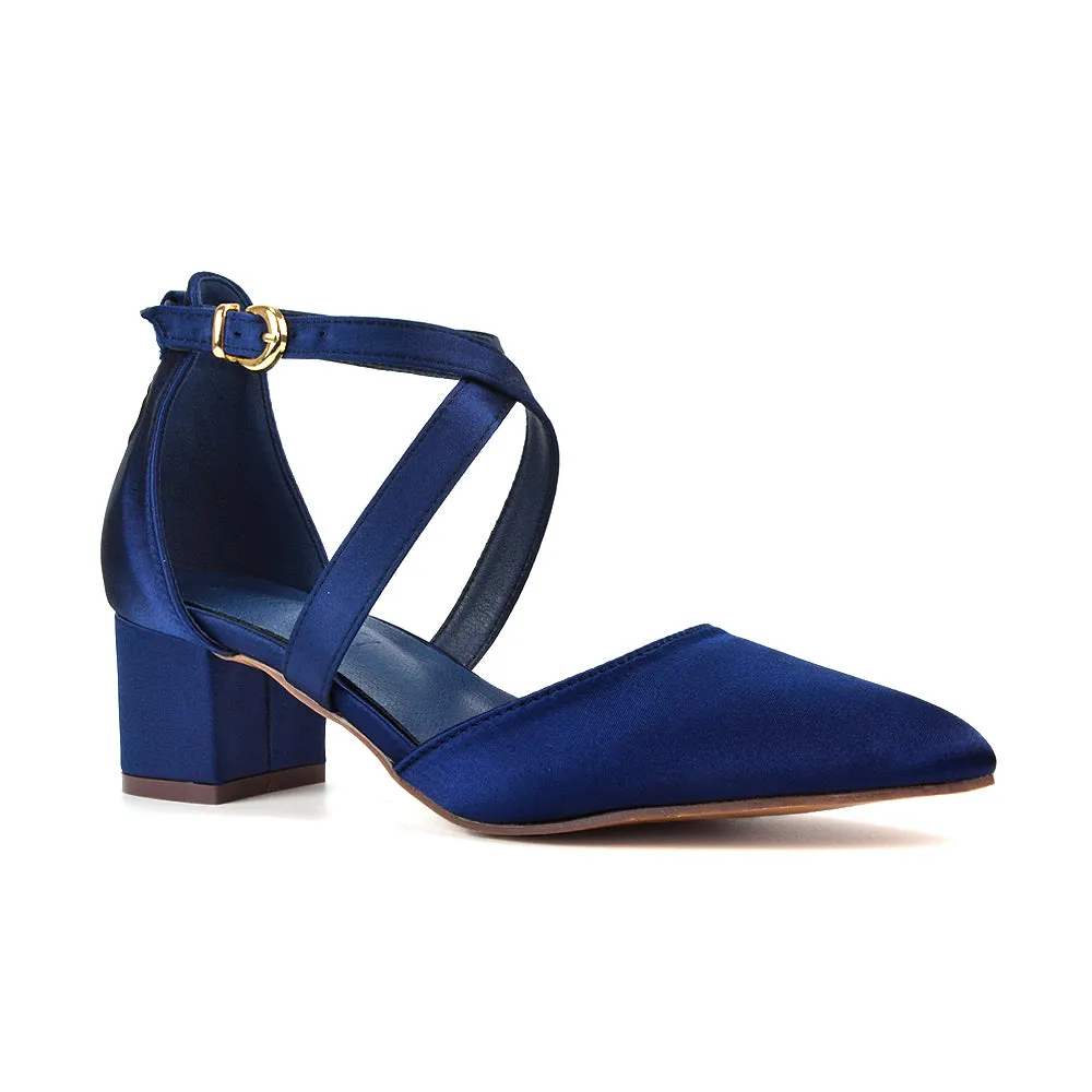 Cynthia Pointed Toe Ankle Strap Mid Block Heels Court Shoes in Navy Satin sold by XYlondon product image thumbnail 3