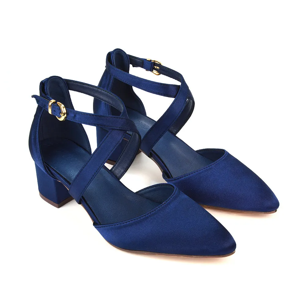Cynthia Pointed Toe Ankle Strap Mid Block Heels Court Shoes in Navy Satin sold by XYlondon product image thumbnail 2