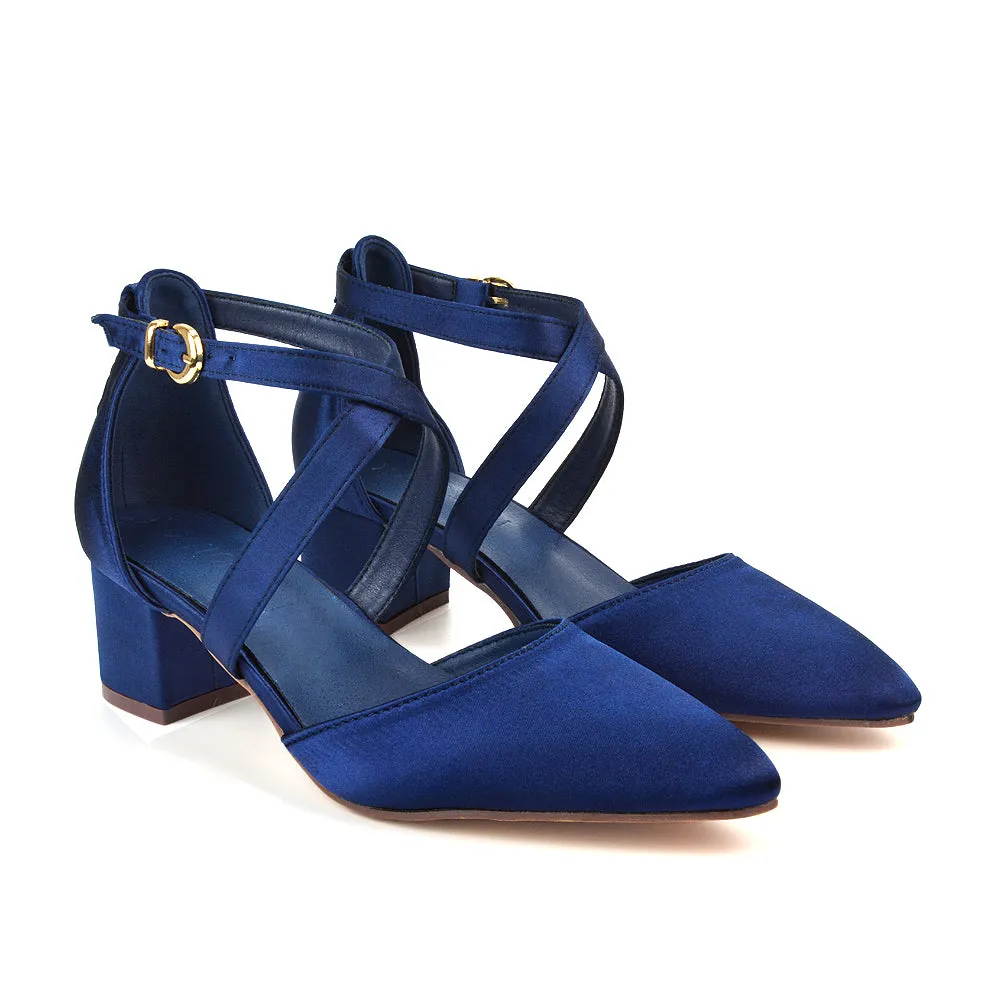 Cynthia Pointed Toe Ankle Strap Mid Block Heels Court Shoes in Navy Satin sold by XYlondon product image thumbnail 5