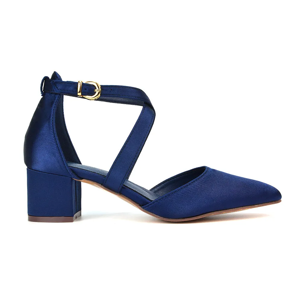 Cynthia Pointed Toe Ankle Strap Mid Block Heels Court Shoes in Navy Satin sold by XYlondon