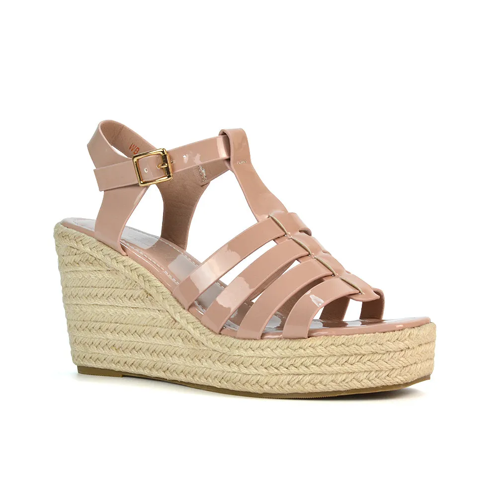 Jojo Espadrille Platform Wedge Heel Sandals With Ankle Strap in Nude sold by XYlondon product image thumbnail 3