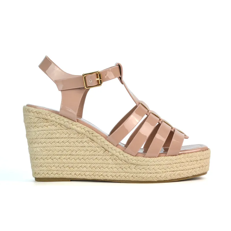 Jojo Espadrille Platform Wedge Heel Sandals With Ankle Strap in Nude sold by XYlondon