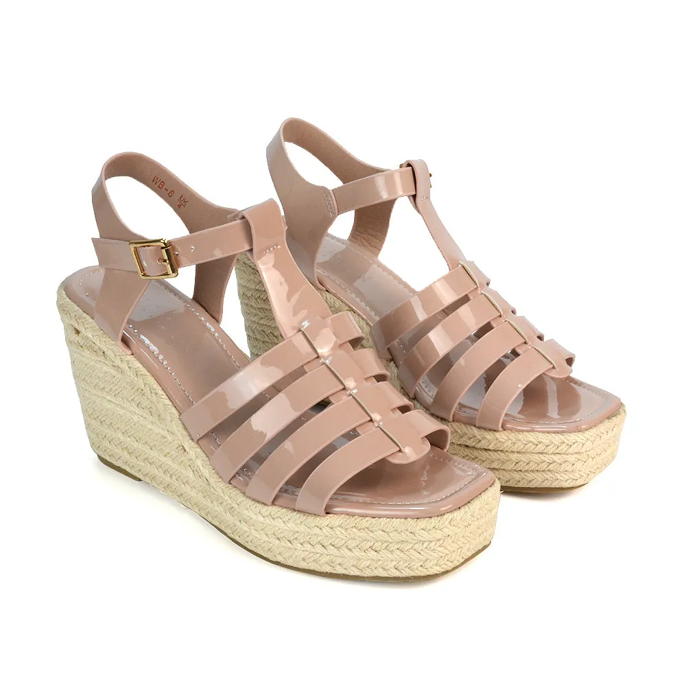 Jojo Espadrille Platform Wedge Heel Sandals With Ankle Strap in Nude sold by XYlondon product image thumbnail 4