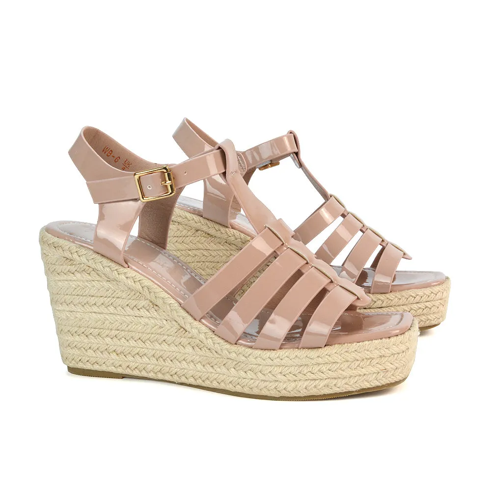 Jojo Espadrille Platform Wedge Heel Sandals With Ankle Strap in Nude sold by XYlondon product image thumbnail 2