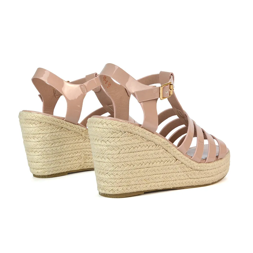 Jojo Espadrille Platform Wedge Heel Sandals With Ankle Strap in Nude sold by XYlondon product image thumbnail 5
