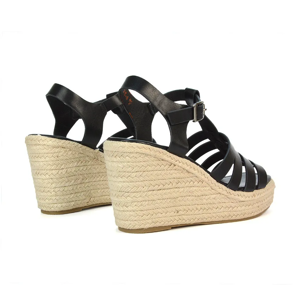 Jojo Espadrille Platform Wedge Heel Sandals With Ankle Strap in Black sold by XYlondon product image thumbnail 5