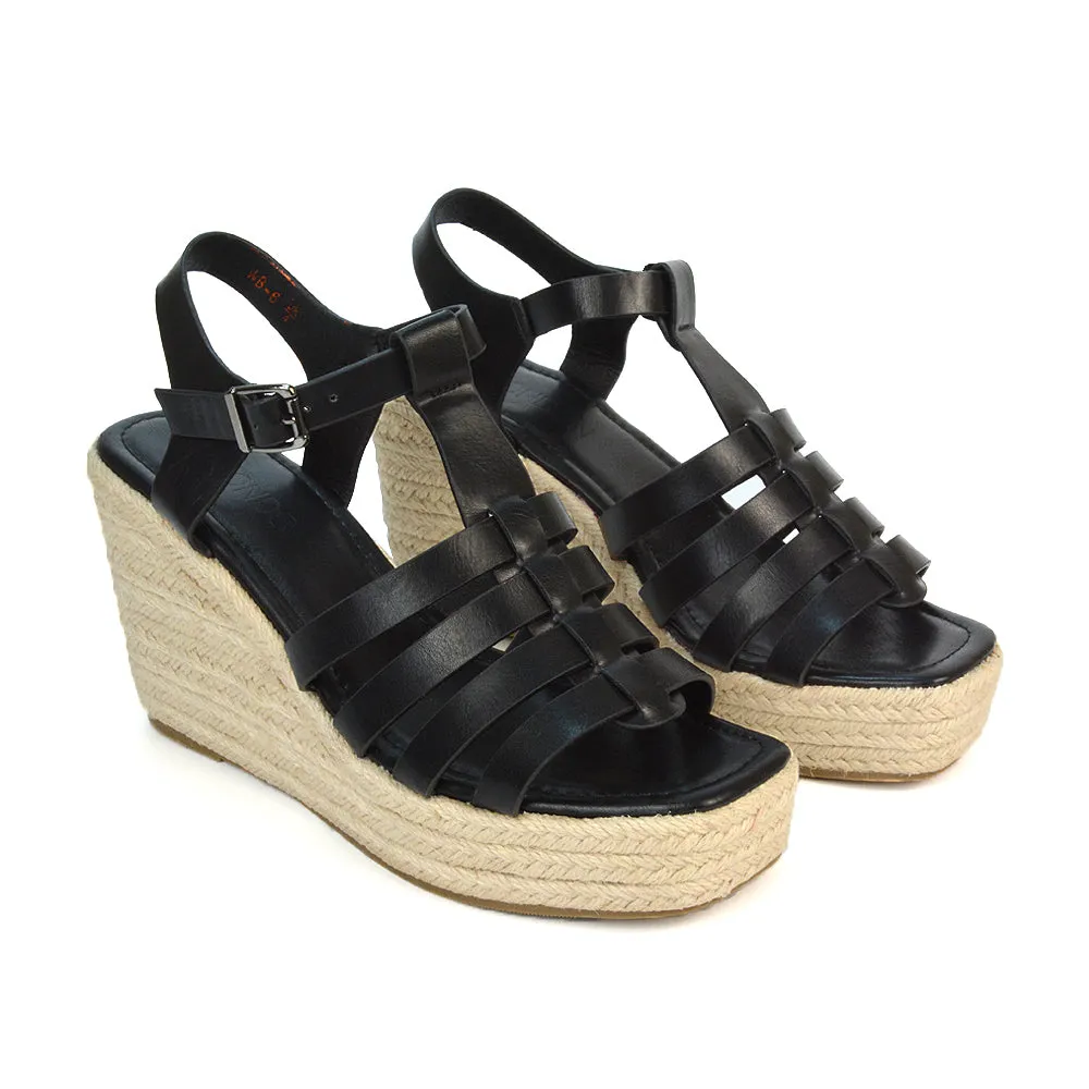 Jojo Espadrille Platform Wedge Heel Sandals With Ankle Strap in Black sold by XYlondon product image thumbnail 4