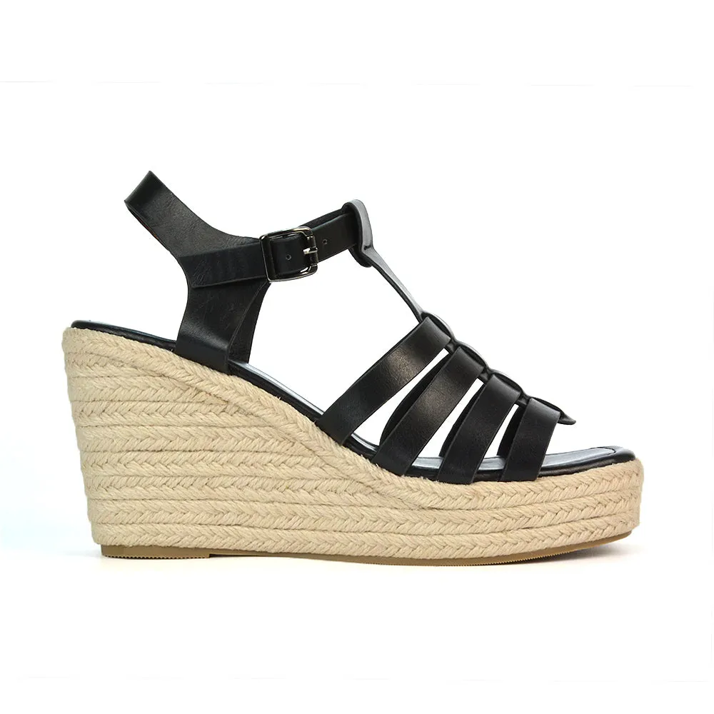 Jojo Espadrille Platform Wedge Heel Sandals With Ankle Strap in Black sold by XYlondon