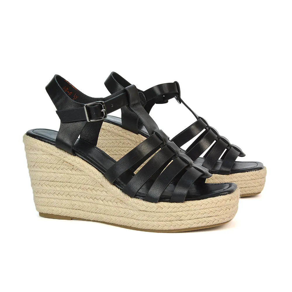 Jojo Espadrille Platform Wedge Heel Sandals With Ankle Strap in Black sold by XYlondon product image thumbnail 2