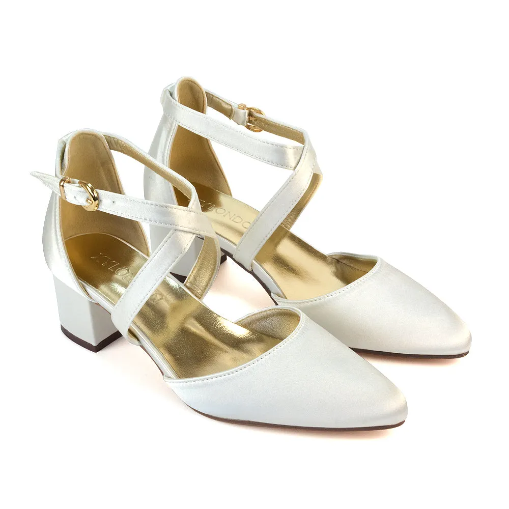 Cynthia Pointed Toe Ankle Strap Mid Block Heels Court Shoes in Ivory Satin sold by XYlondon product image thumbnail 2