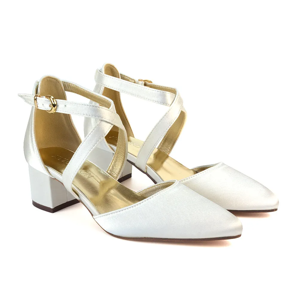 Cynthia Pointed Toe Ankle Strap Mid Block Heels Court Shoes in Ivory Satin sold by XYlondon product image thumbnail 5