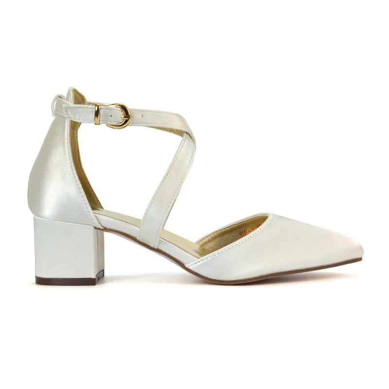 Cynthia Pointed Toe Ankle Strap Mid Block Heels Court Shoes in Ivory Satin sold by XYlondon