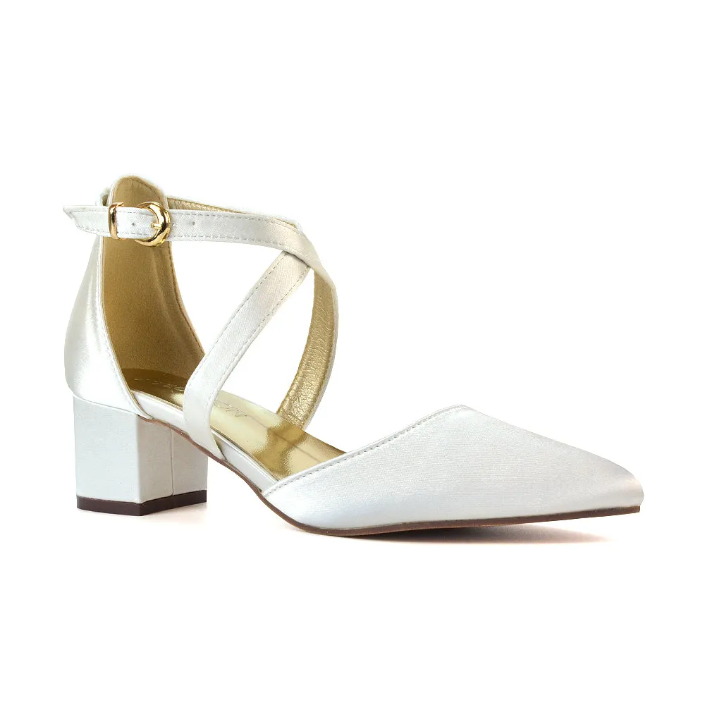 Cynthia Pointed Toe Ankle Strap Mid Block Heels Court Shoes in Ivory Satin sold by XYlondon product image thumbnail 3