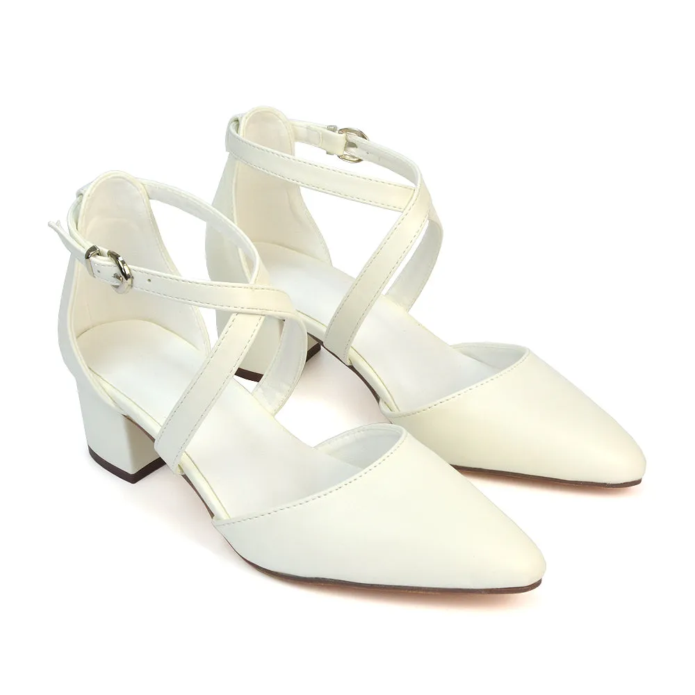 Cynthia Pointed Toe Ankle Strap Mid Block Heels Court Shoes in White Synthetic Leather sold by XYlondon product image thumbnail 2