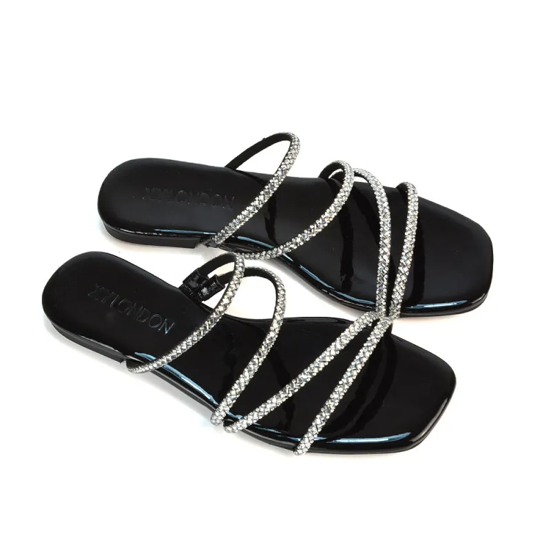 Kiki Slip On Sliders Diamante Flat Sandal Summer Shoes With Square Toe in Black sold by XYlondon