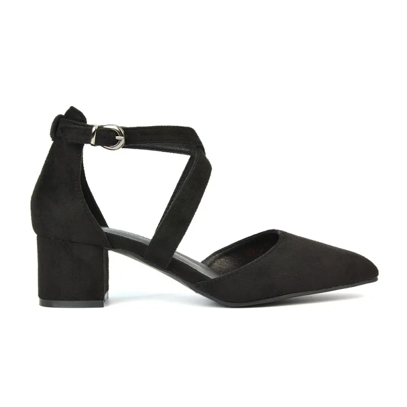 Cynthia Pointed Toe Ankle Strap Mid Block Heels Court Shoes in Black Faux Suede sold by XYlondon
