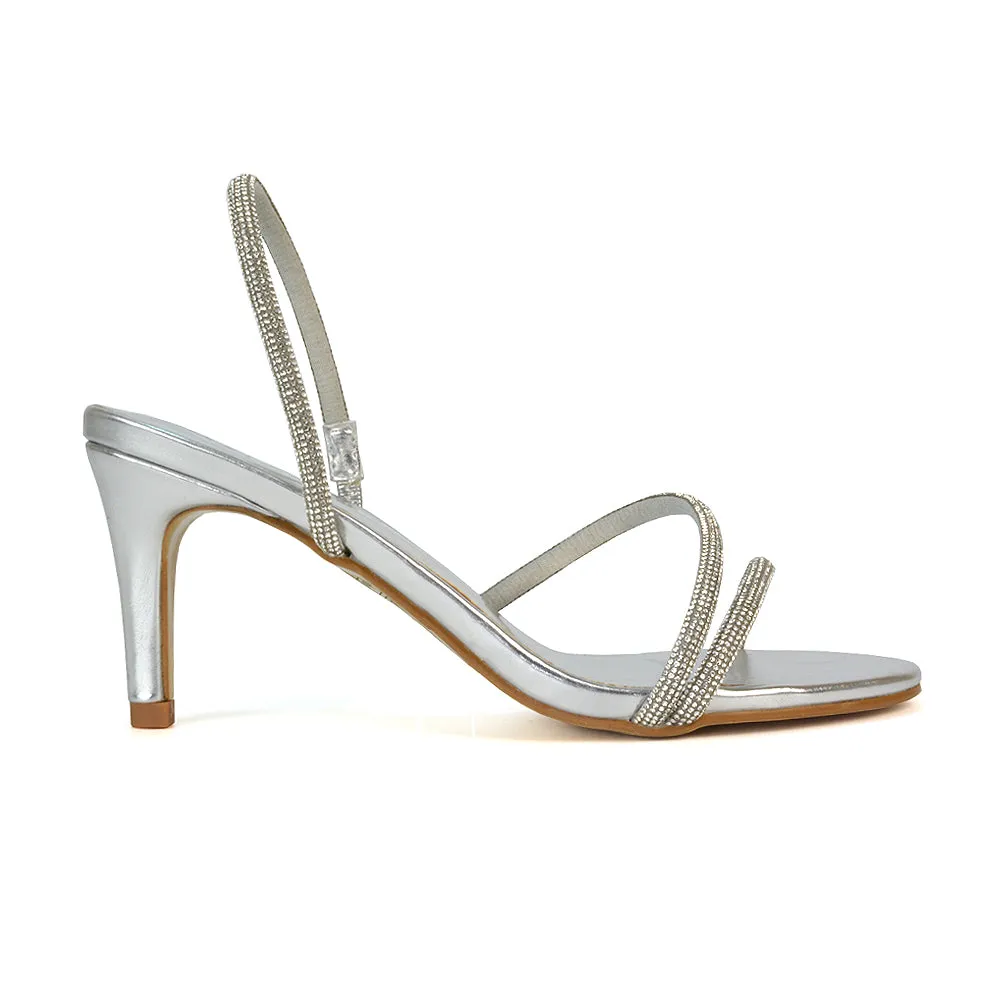 Polly Slingback Strappy Diamante Stiletto High Heel Sandals in Silver Metallic sold by XYlondon