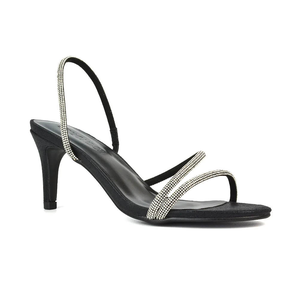 Polly Slingback Strappy Diamante Stiletto High Heel Sandals in Black Shimmer sold by XYlondon product image thumbnail 5