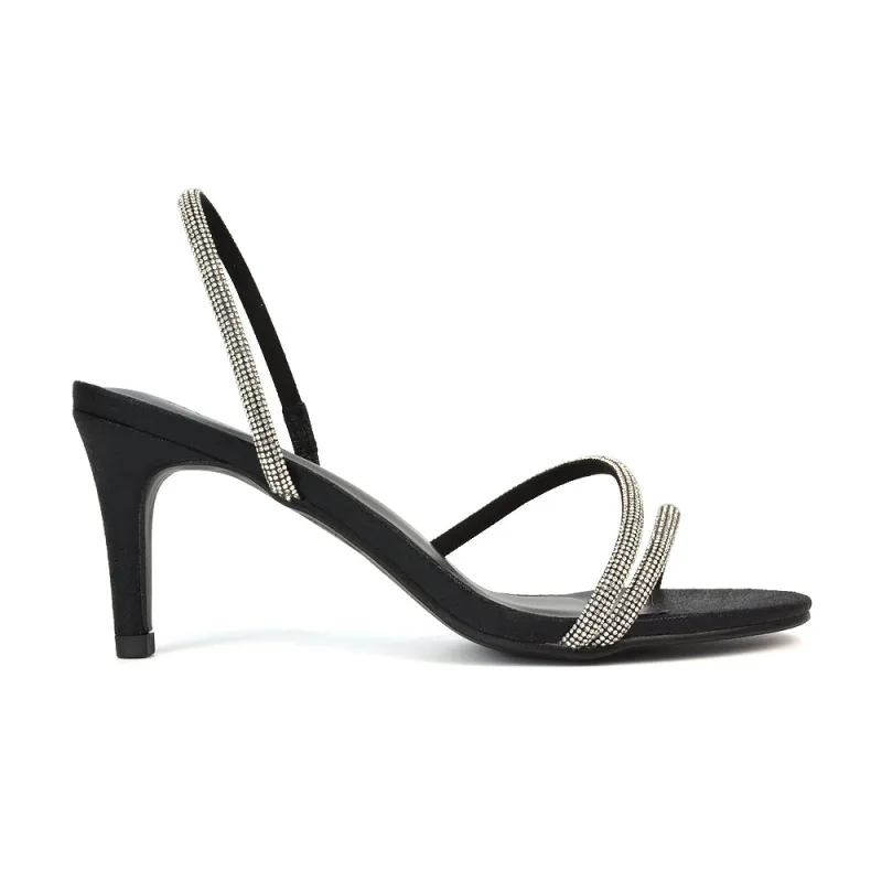 Polly Slingback Strappy Diamante Stiletto High Heel Sandals in Black Shimmer sold by XYlondon
