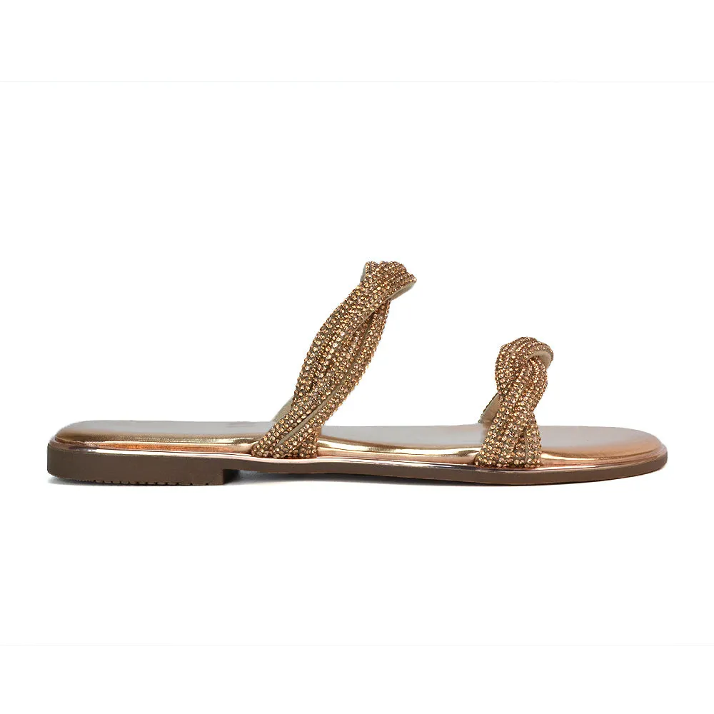 Clara Strappy Flat Diamante Sandals Summer Sliders in Rose Gold sold by XYlondon product image thumbnail 5