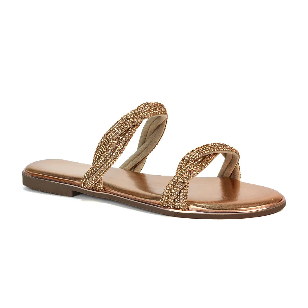 Clara Strappy Flat Diamante Sandals Summer Sliders in Rose Gold sold by XYlondon product image thumbnail 4