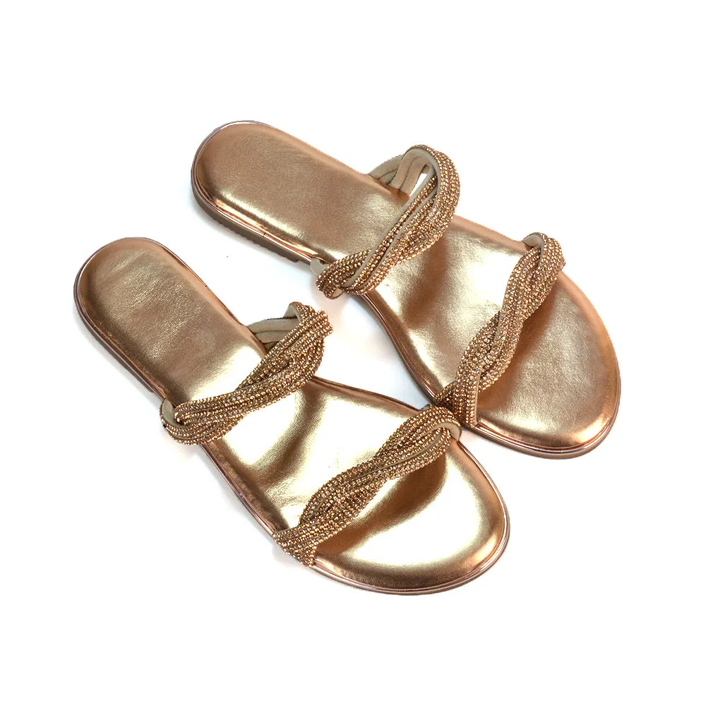 Clara Strappy Flat Diamante Sandals Summer Sliders in Rose Gold sold by XYlondon product image thumbnail 2