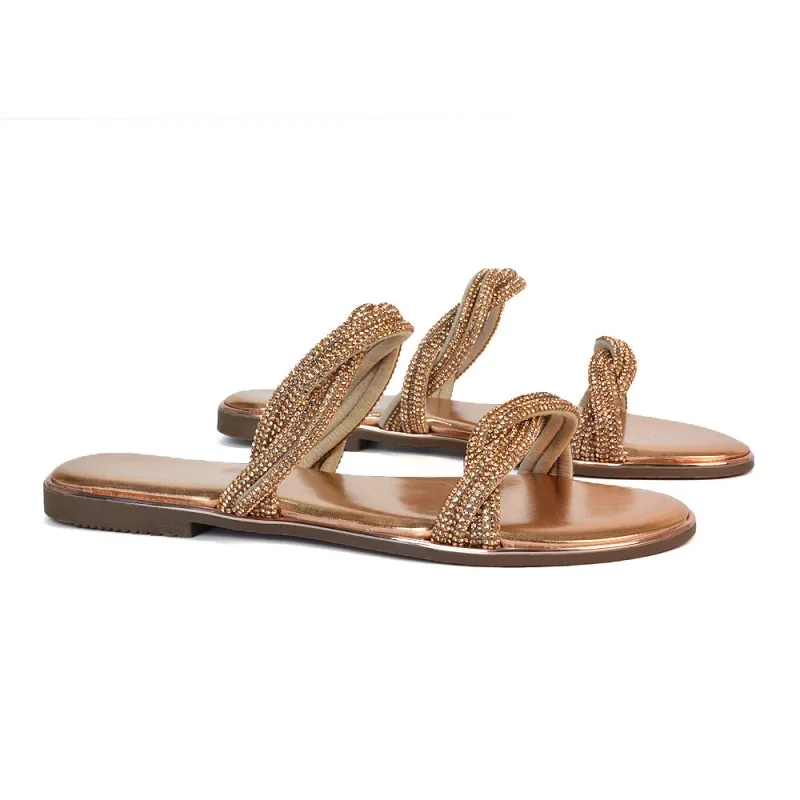 Clara Strappy Flat Diamante Sandals Summer Sliders in Rose Gold sold by XYlondon