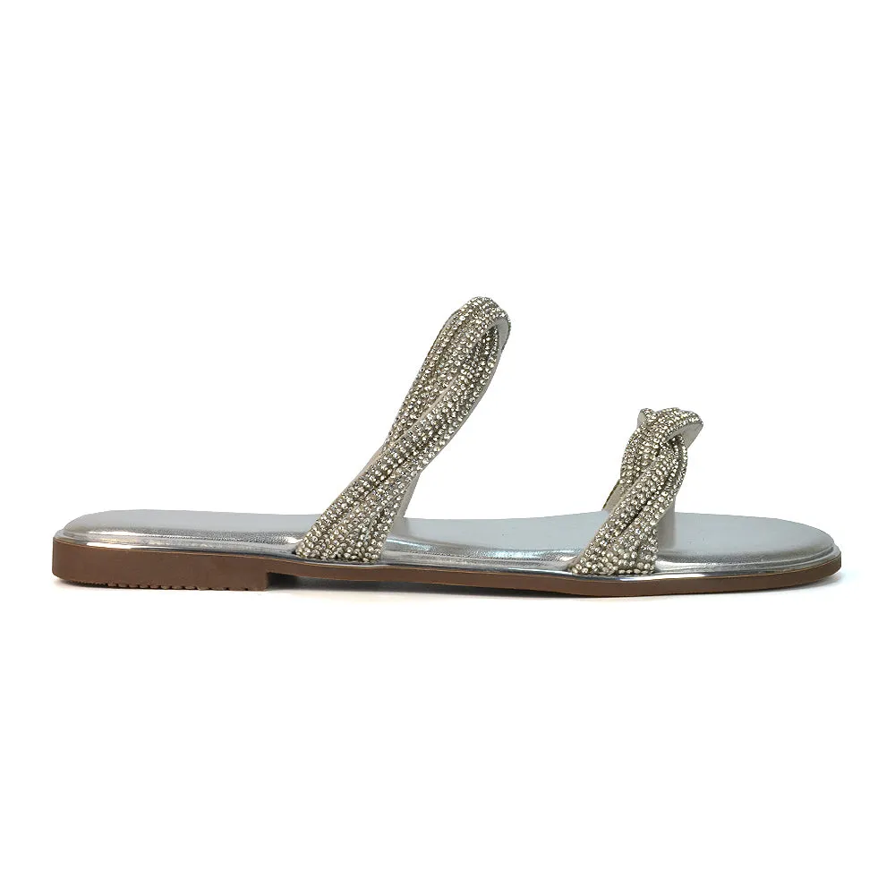 Clara Strappy Flat Diamante Sandals Summer Sliders in Silver sold by XYlondon product image thumbnail 3