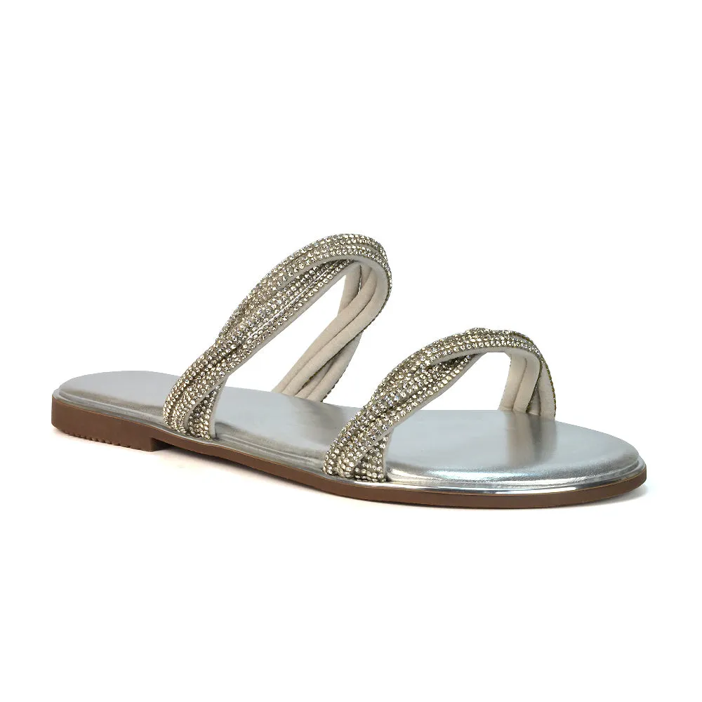 Clara Strappy Flat Diamante Sandals Summer Sliders in Silver sold by XYlondon product image thumbnail 2
