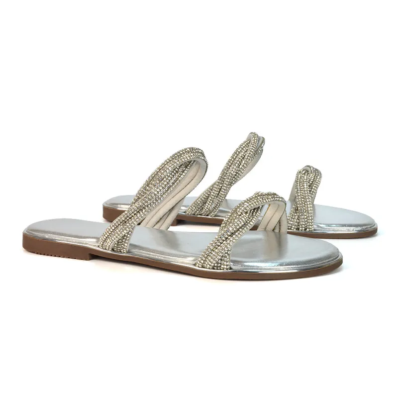 Clara Strappy Flat Diamante Sandals Summer Sliders in Silver sold by XYlondon