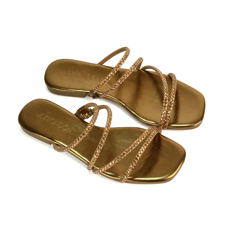 Kiki Slip On Sliders Diamante Flat Sandal Summer Shoes With Square Toe in Liquid Gold sold by XYlondon