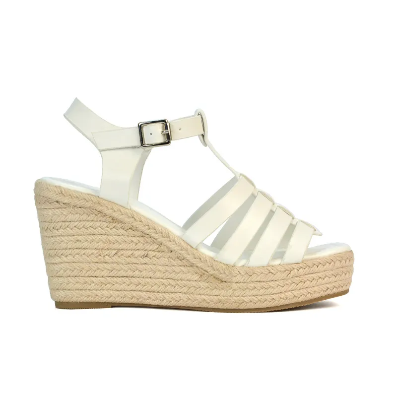 Jojo Espadrille Platform Wedge Heel Sandals With Ankle Strap in White sold by XYlondon