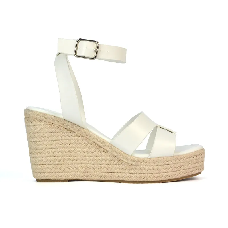 Kala Espadrille Strappy Platform Wedge Heel Sandals With a Square Toe in White sold by XYlondon