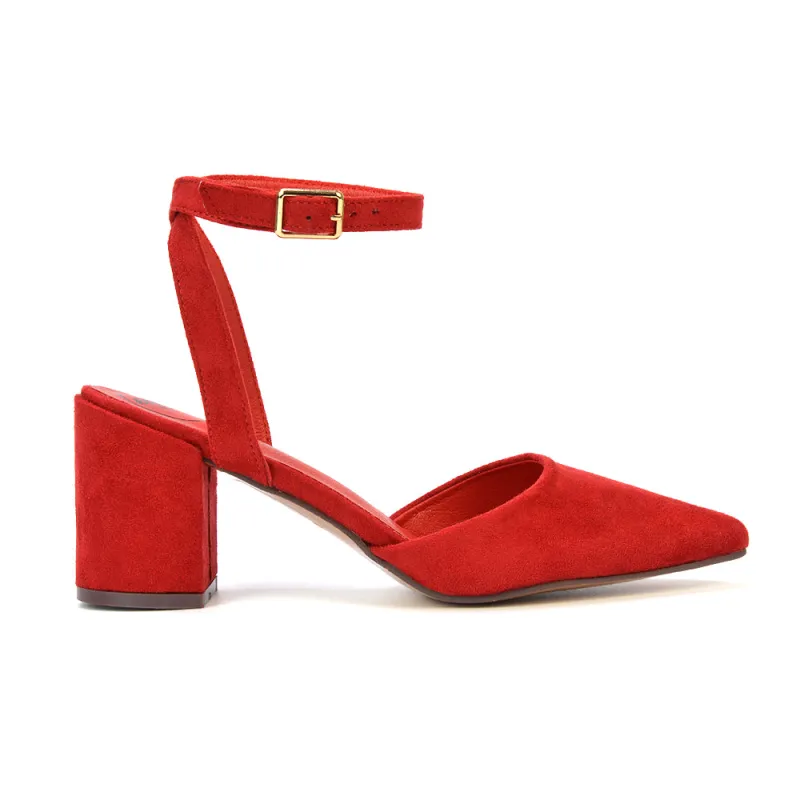 Ronnie Strappy Ankle Buckle Mid Block Heel Pointed Toe in Red Faux Suede sold by XYlondon