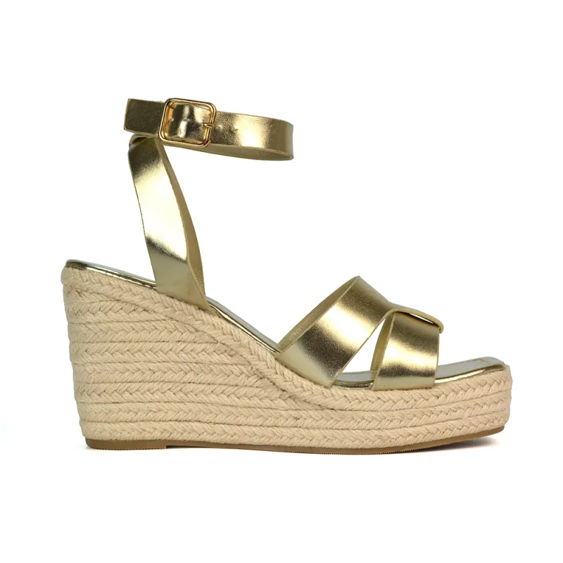 Kala Espadrille Strappy Platform Wedge Heel Sandals With a Square Toe in Gold sold by XYlondon