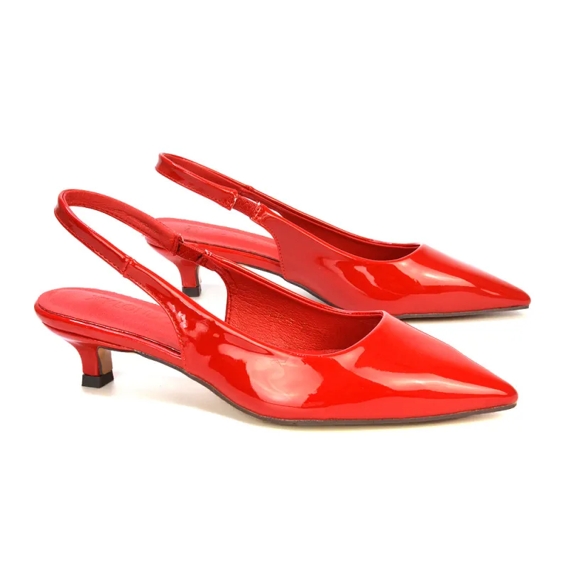 Jenny Pointed Toe Slingback Strappy Kitten Court Heels in Red Patent sold by XYlondon